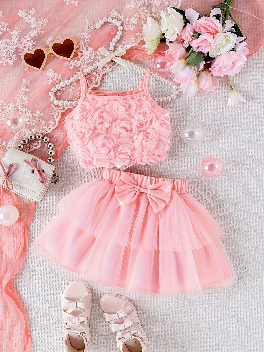 Girls Floral Top and Mesh Skirt Set with 3D Flowers