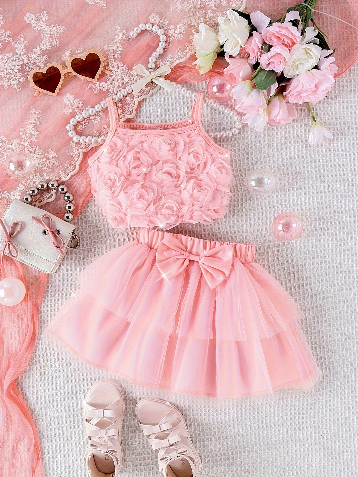 Girls Floral Top and Mesh Skirt Set with 3D Flowers
