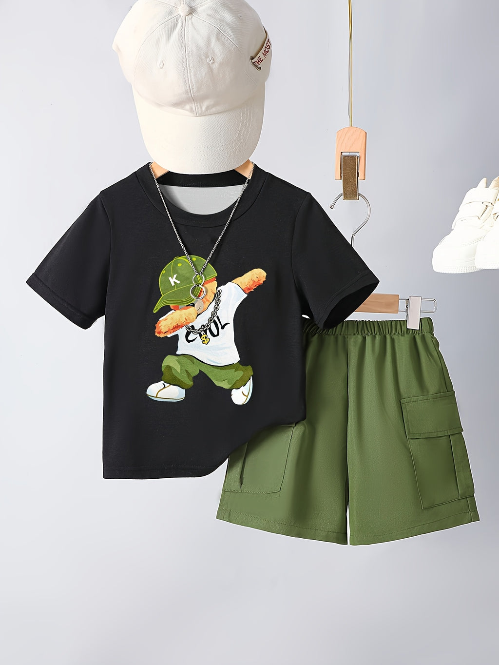 Boys' Bear Print T-Shirt and Shorts Set with Pockets