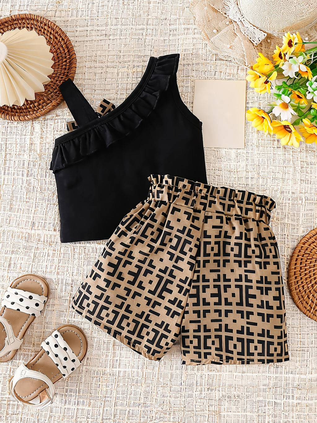 Girls Off-Shoulder Top and Geometric Shorts Set