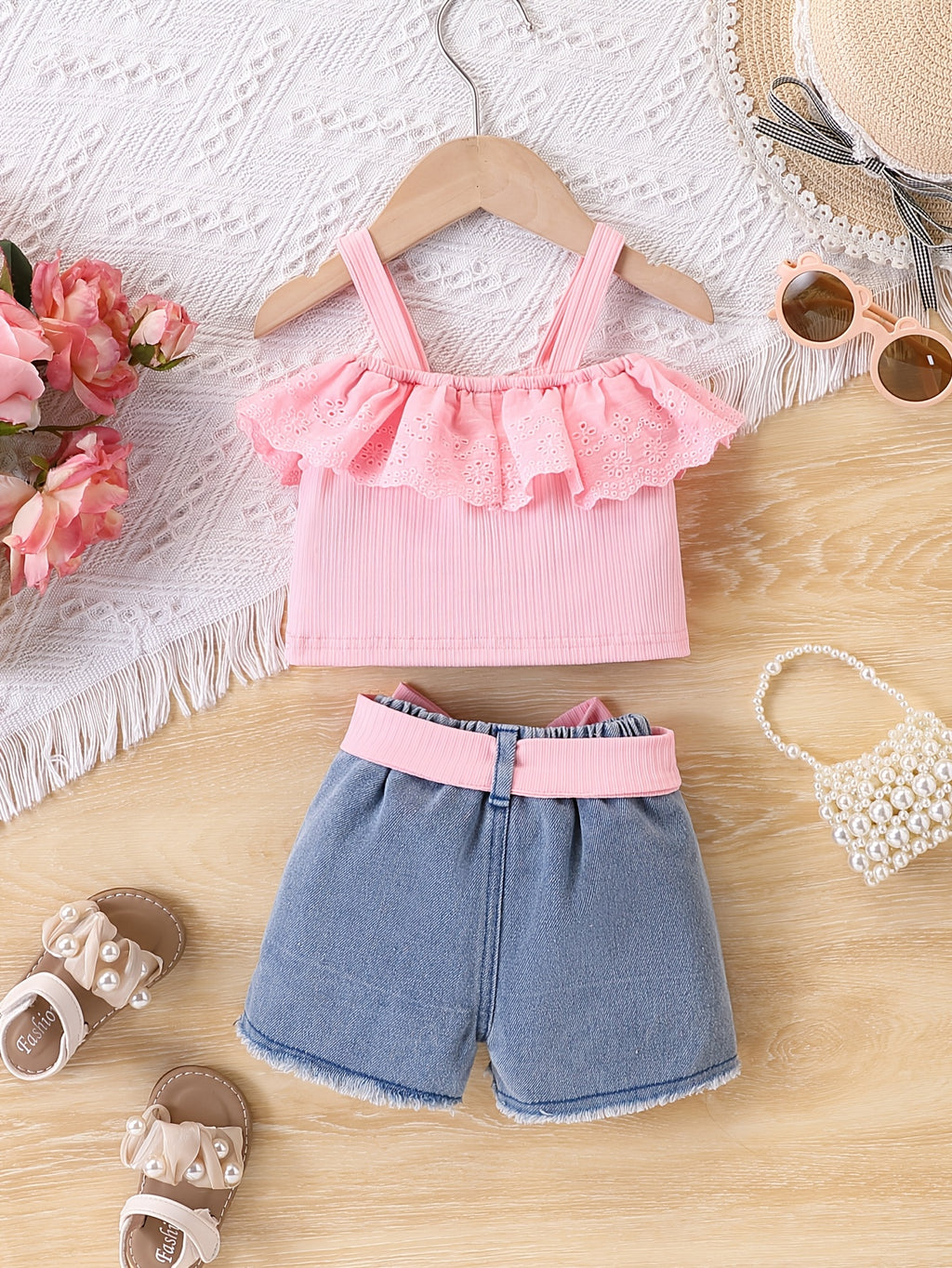Baby Girl Outfit Set with Floral Ruffle Neckline
