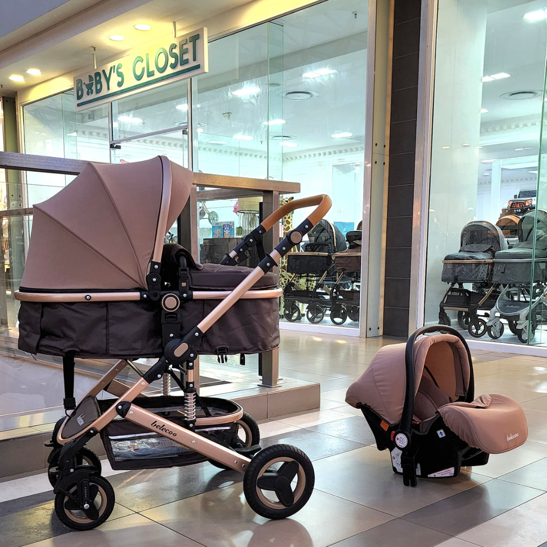 3 in 1 - Belecoo Stroller Set + Emerald Baby Noora 2 Level Extra Length Camp Cot
