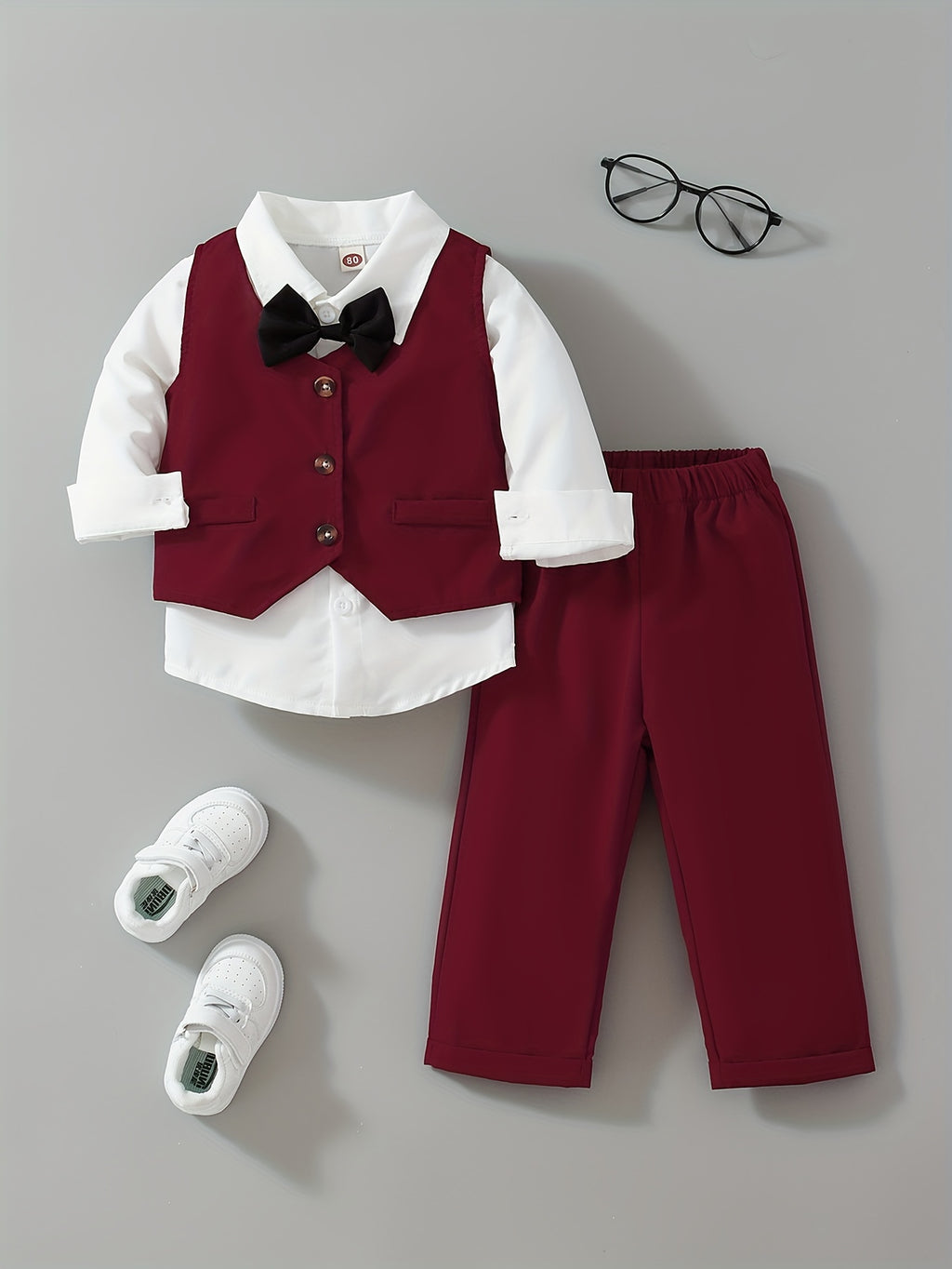 Baby Boy Spring/Autumn Woven Fashionable Trendy Casual Simple Vintage Party Vacation Gentleman Bow Tie Lapel Shirt Long Sleeve Vest and Trousers 3pcs Set