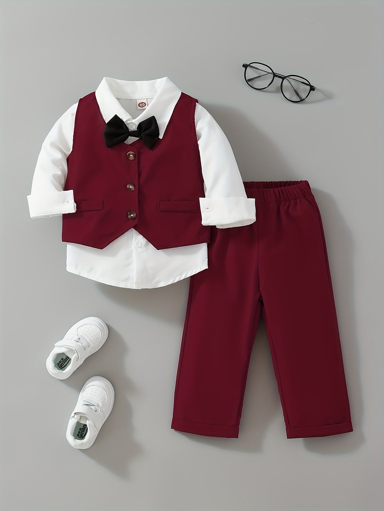 Baby Boy Spring/Autumn Woven Fashionable Trendy Casual Simple Vintage Party Vacation Gentleman Bow Tie Lapel Shirt Long Sleeve Vest and Trousers 3pcs Set