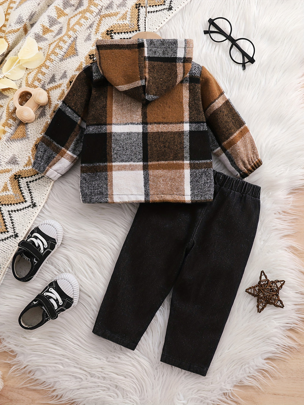 2pcs Boys' Long Sleeve Plaid Hoodie Top + Denim Pants, Casual Two-Piece Plaid Hoodie and Jeans Set for Baby Boys, Suitable for Holiday Parties, Gifts, and Daily Outings, Perfect for Outdoor, Newborn/Toddler Necessities