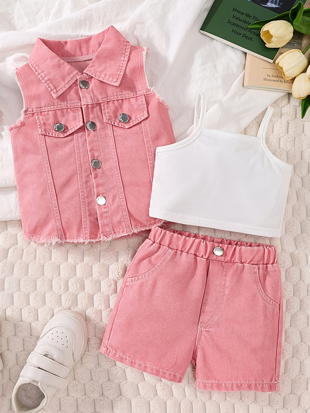 Girls' Denim Shorts Set with Camisole and Vest