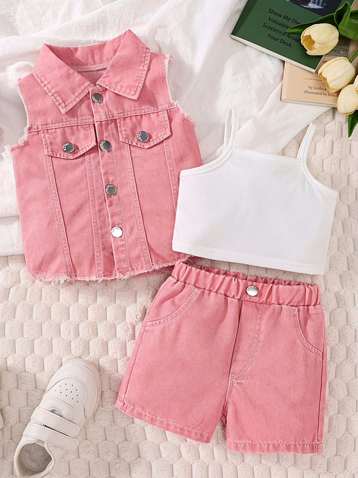 Girls' Denim Shorts Set with Camisole and Vest