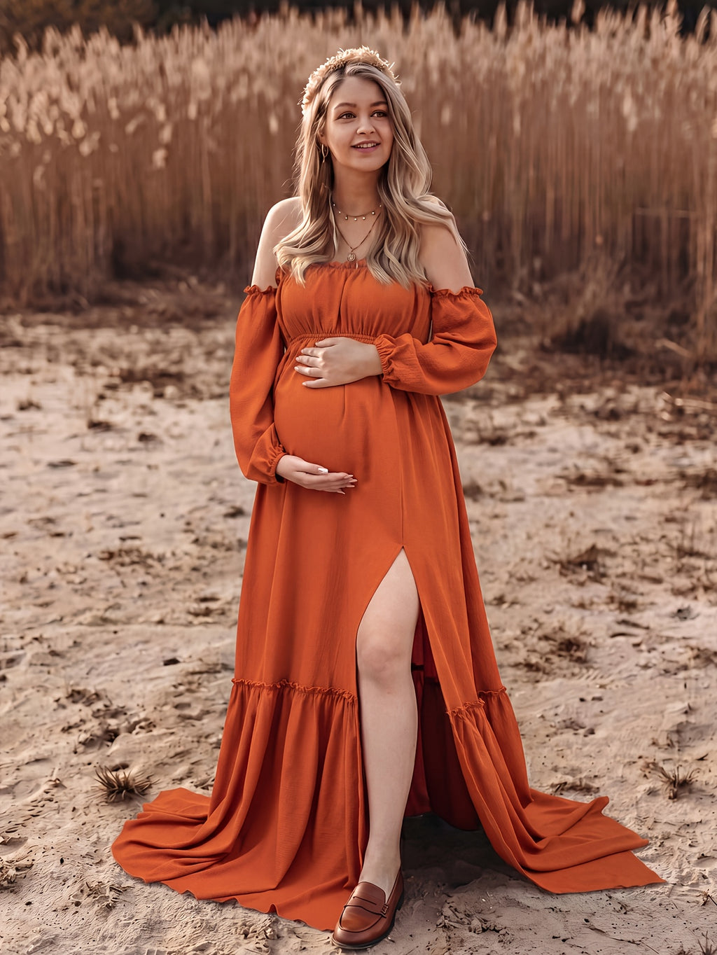 Orange-Red Slightly Stretchy Maternity Dress, Off-Shoulder Long-Sleeve Split Floor-Gown for Maternity Photoshoots, Bohemian Style Pregnancy Photography And Vacation Dress, Loose Comfy Formal Dress for Expectant Mothers to Wear Outdoors for Photos