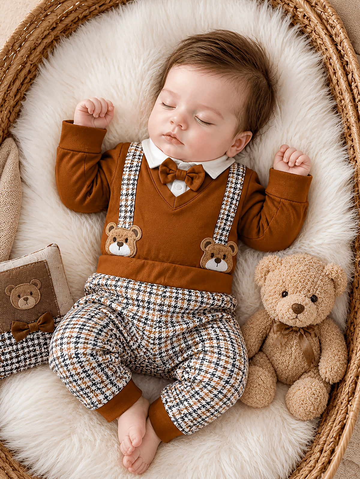 2pcs Baby Boy Cartoon Bear Onesie Suit, Long Sleeve Long Leg Suit, Neckline with Bow, Cute Bear Patch Pattern, Gentleman Suit, Baby Boy Fashion Clothes Set, Suitable for Boys 0-18 Months All Seasons Wear, Birthday Gift, Outdoor Wear, for Outdoor