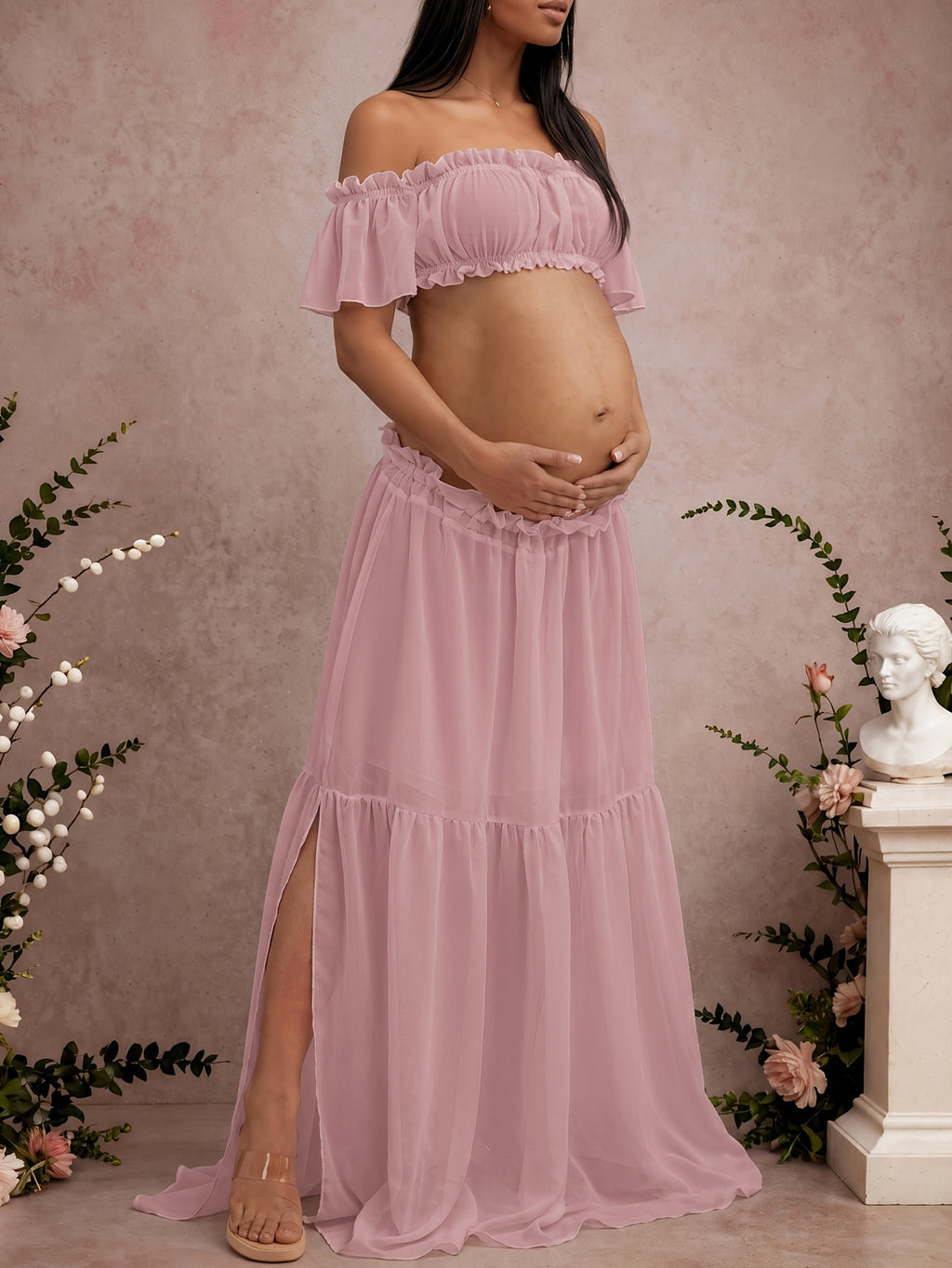 Off-Shoulder 2pcs Maternity Set, Non-Stretch Woven Ruffled Crop Top And Train Maxi Skirt, High-Waist Long Dress for Maternity Photoshoot, Light Pink Pregnancy Outfit for Banquets And Party Shooting