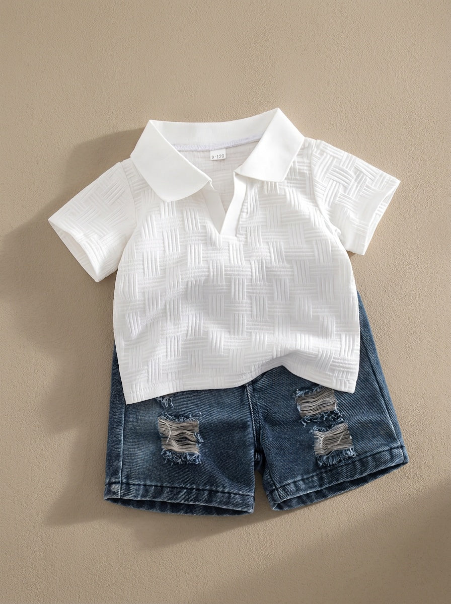 2pcs Set: Children's Summer Jacquard Shirt + Ripped Denim Shorts. Features a Textured, Three-dimensional Jacquard Weave with a Classic Small Lapel and V-shaped Small Placket Design. Stylish and Lightweight, an Ideal Gift for Children