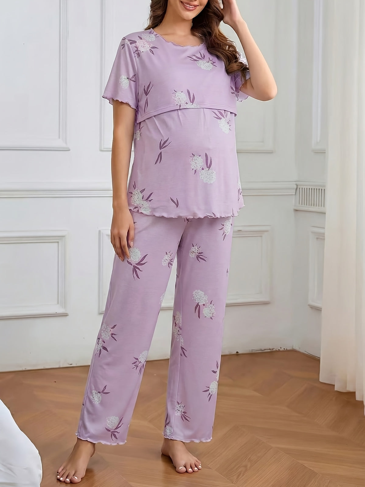 Floral Print Short-Sleeve Top with Ruffle-Trim Long Pants Maternity and Nursing  Set