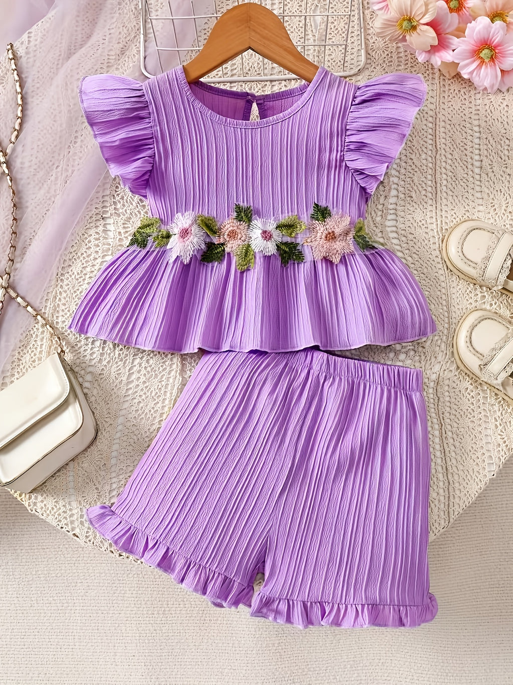 Girls' Summer Shorts Set with Embroidered Lace Trim