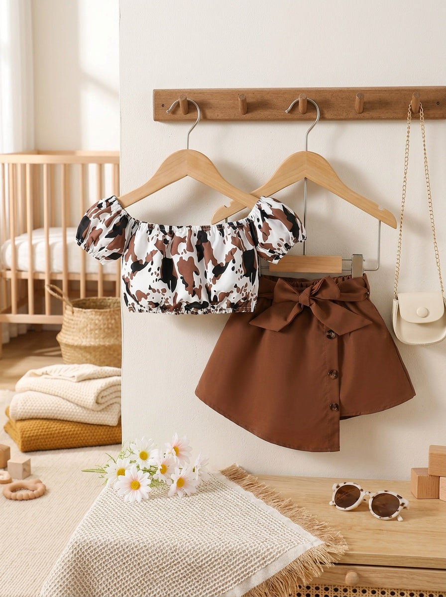 Baby Girl Outfit Leopard Top and Button Skirt Set