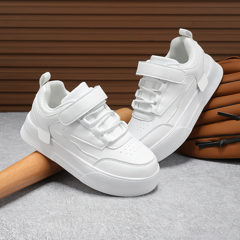 Youngsters' All-Season White Casual Sneakers - Lightweight Breathable Training Shoes with Closure, Non-Slip EVA Sole & PU Upper for Boys & Girls - School, Outdoor, Casual Attire, Outdoor Youngsters's Footwear, Durable Stitched Detail