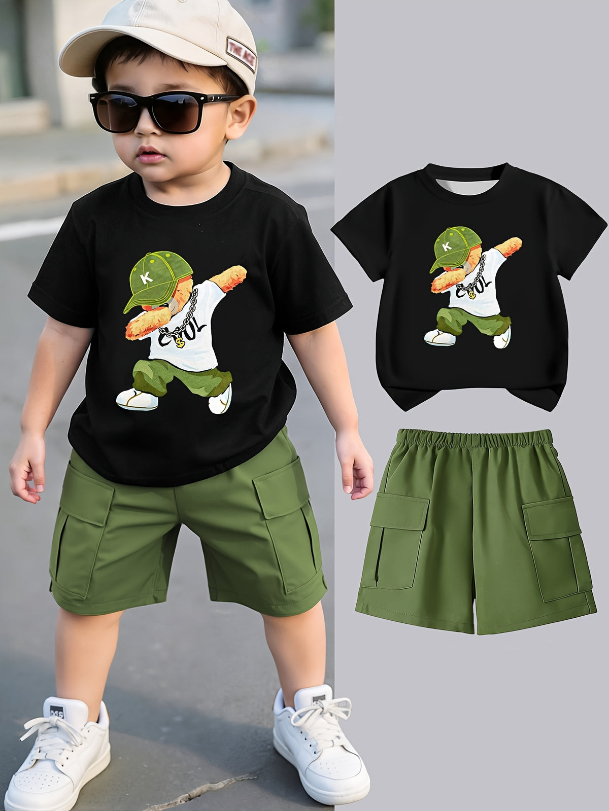 Boys' Bear Print T-Shirt and Shorts Set with Pockets