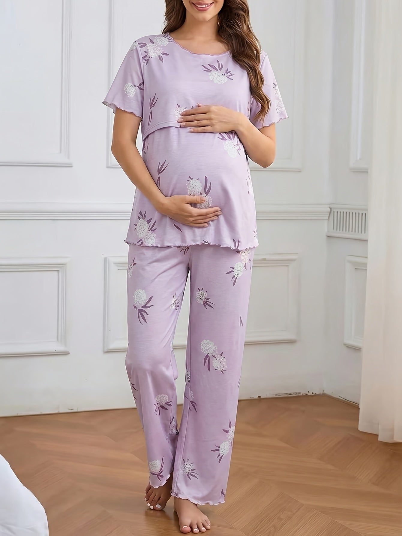 Floral Print Short-Sleeve Top with Ruffle-Trim Long Pants Maternity and Nursing  Set