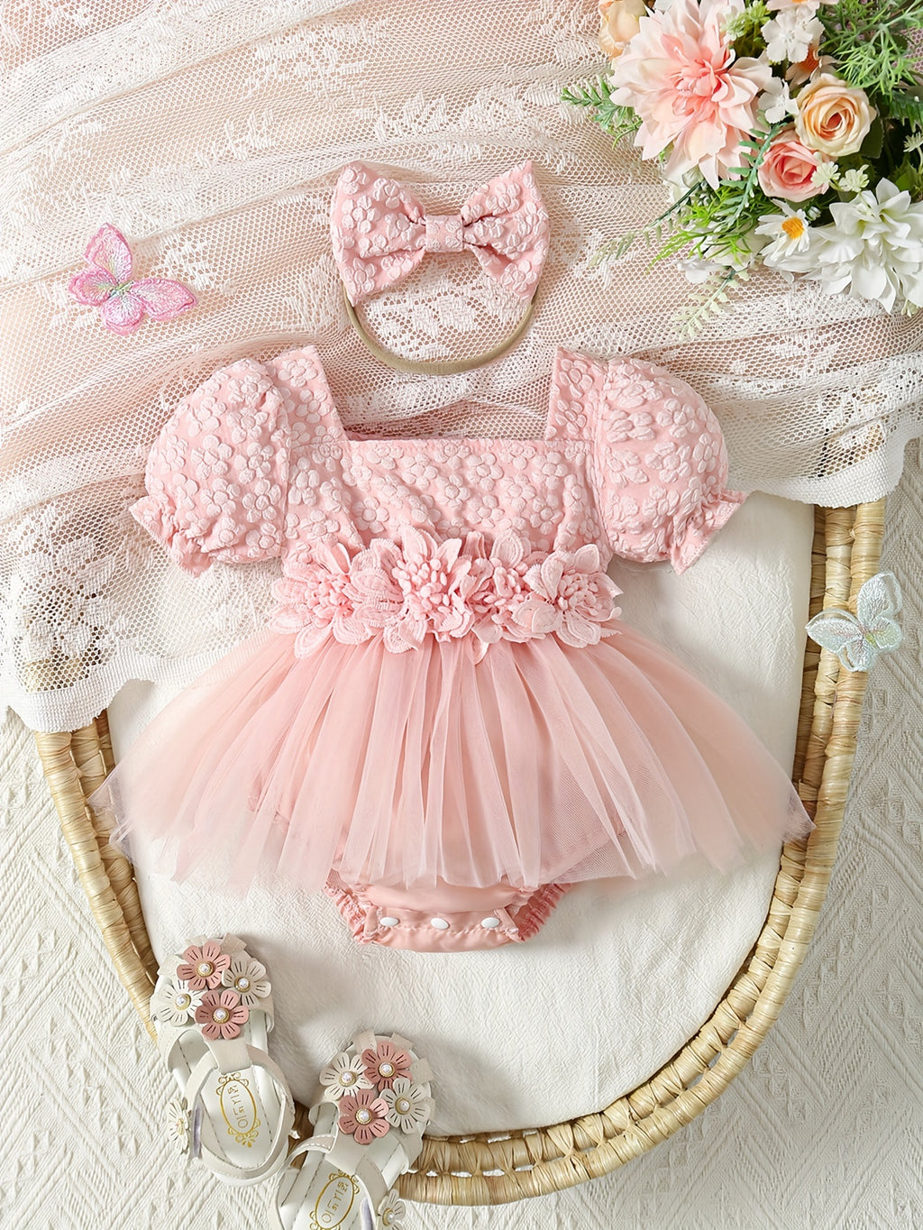 Baby Romper Dress Floral Embroidery Puff Sleeve Set