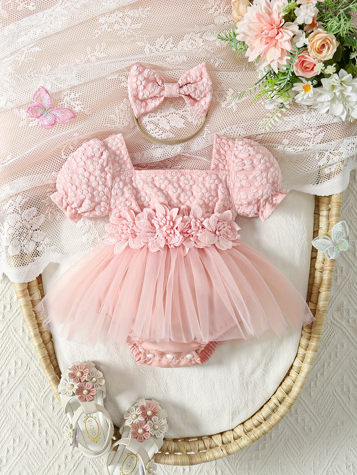 Baby Romper Dress Floral Embroidery Puff Sleeve Set