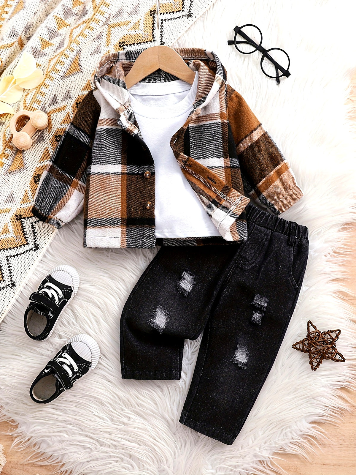 2pcs Boys' Long Sleeve Plaid Hoodie Top + Denim Pants, Casual Two-Piece Plaid Hoodie and Jeans Set for Baby Boys, Suitable for Holiday Parties, Gifts, and Daily Outings, Perfect for Outdoor, Newborn/Toddler Necessities