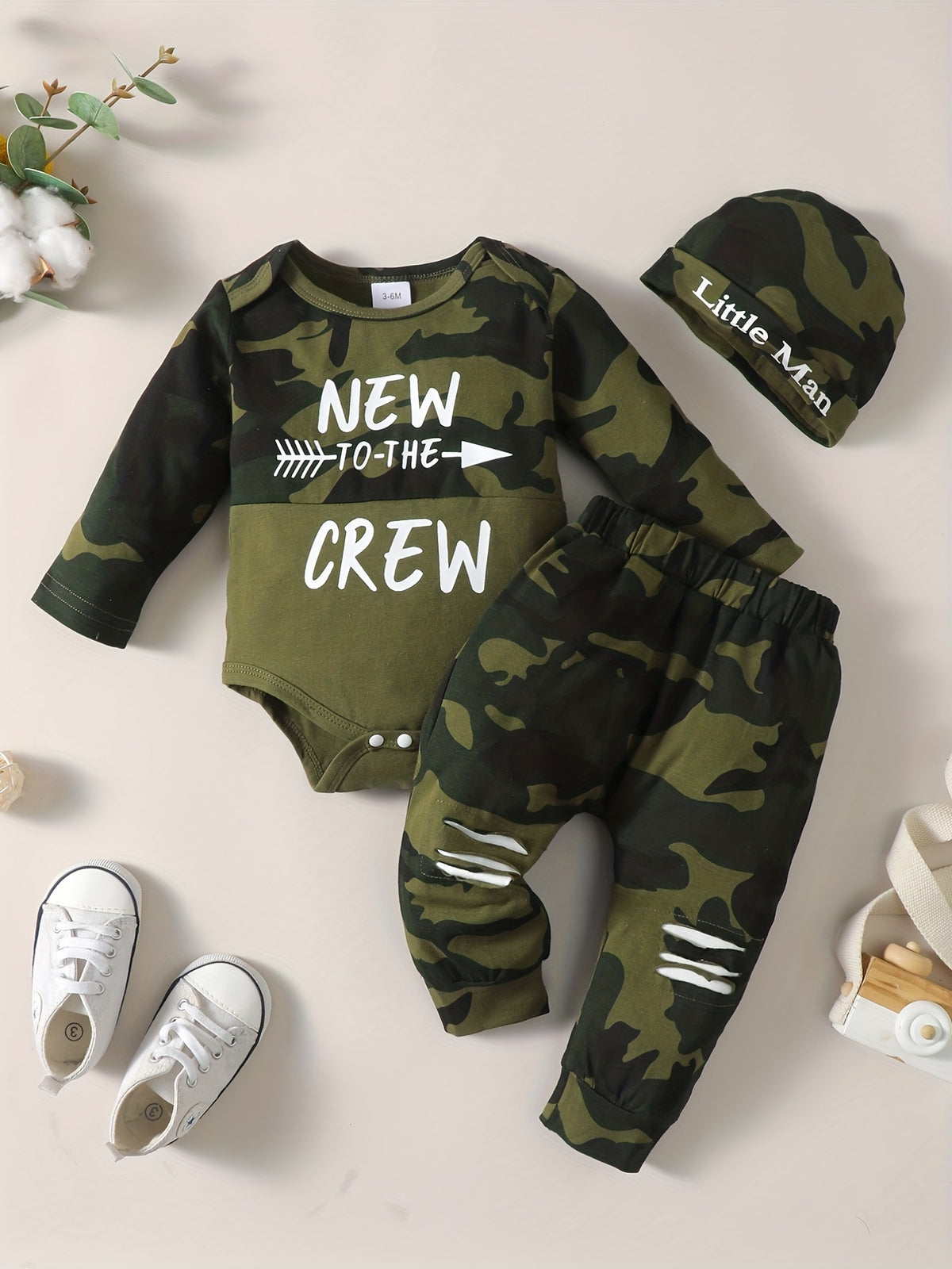Camo Patchwork Print Long Sleeve Jumpsuit And Distressed Long Pants Set, for Outdoor