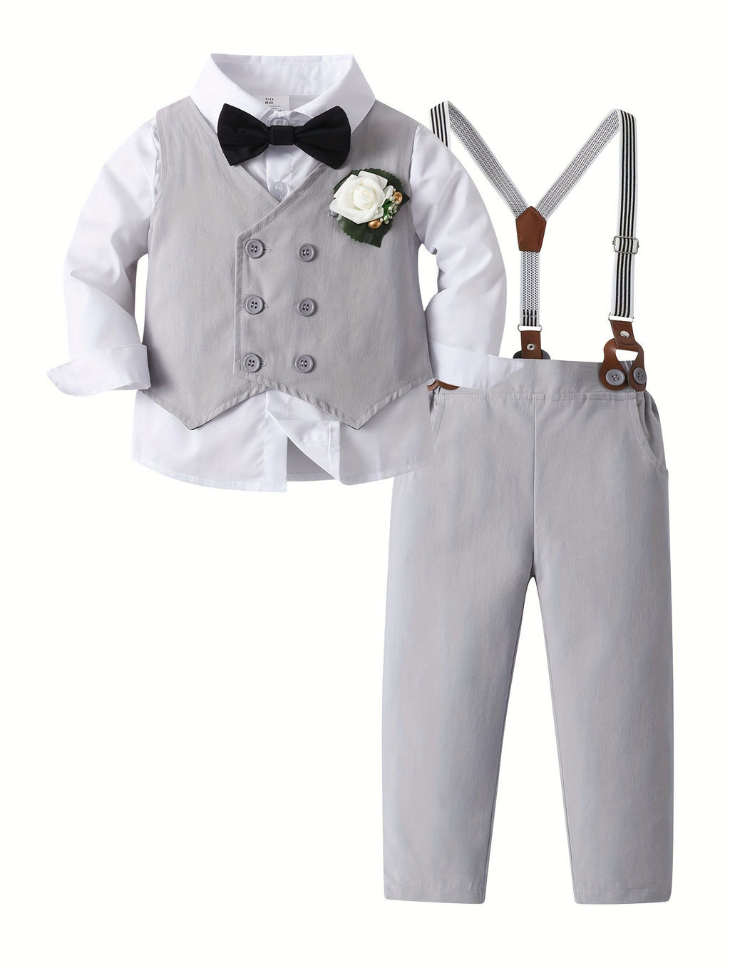 601099536549288Boys' Fashion Dress Suit Print Long Sleeve Shirt Dark Blue Vest Vest Strap Trousers Three-Piece Suit Bow Tie Gentleman Suit Corsage Green Party Handsome Dress White Open Chest Shirt