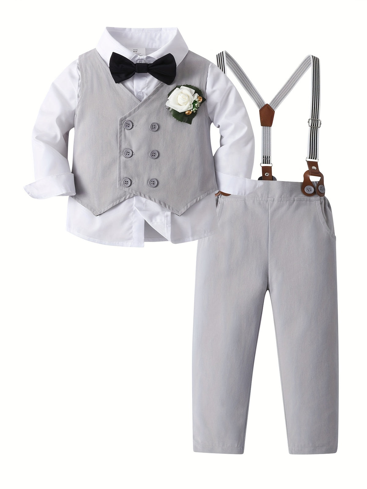 601099536549288Boys' Fashion Dress Suit Print Long Sleeve Shirt Dark Blue Vest Vest Strap Trousers Three-Piece Suit Bow Tie Gentleman Suit Corsage Green Party Handsome Dress White Open Chest Shirt
