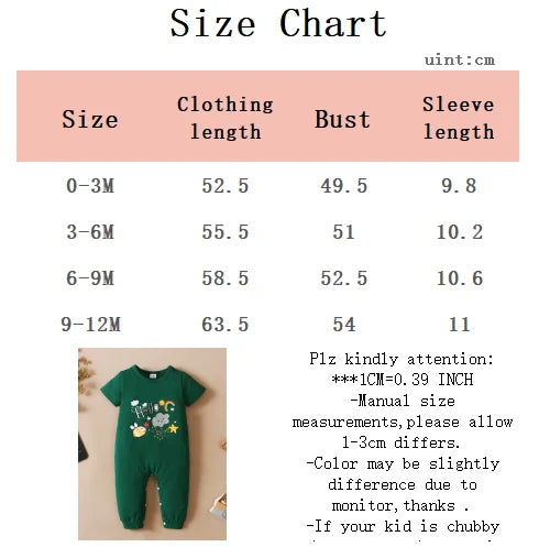 0-12 Months Baby girl Green Cartoon Printed short Bodysuit Newborn Summer Short sleeved Bodysuit Baby clothing