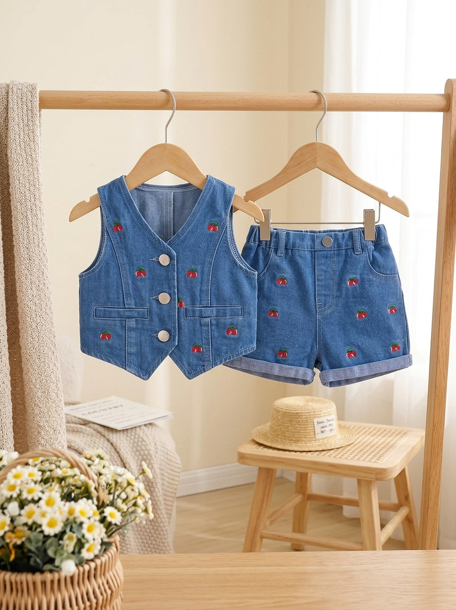 Girls' Denim Shorts Set with Cherry Embroidery