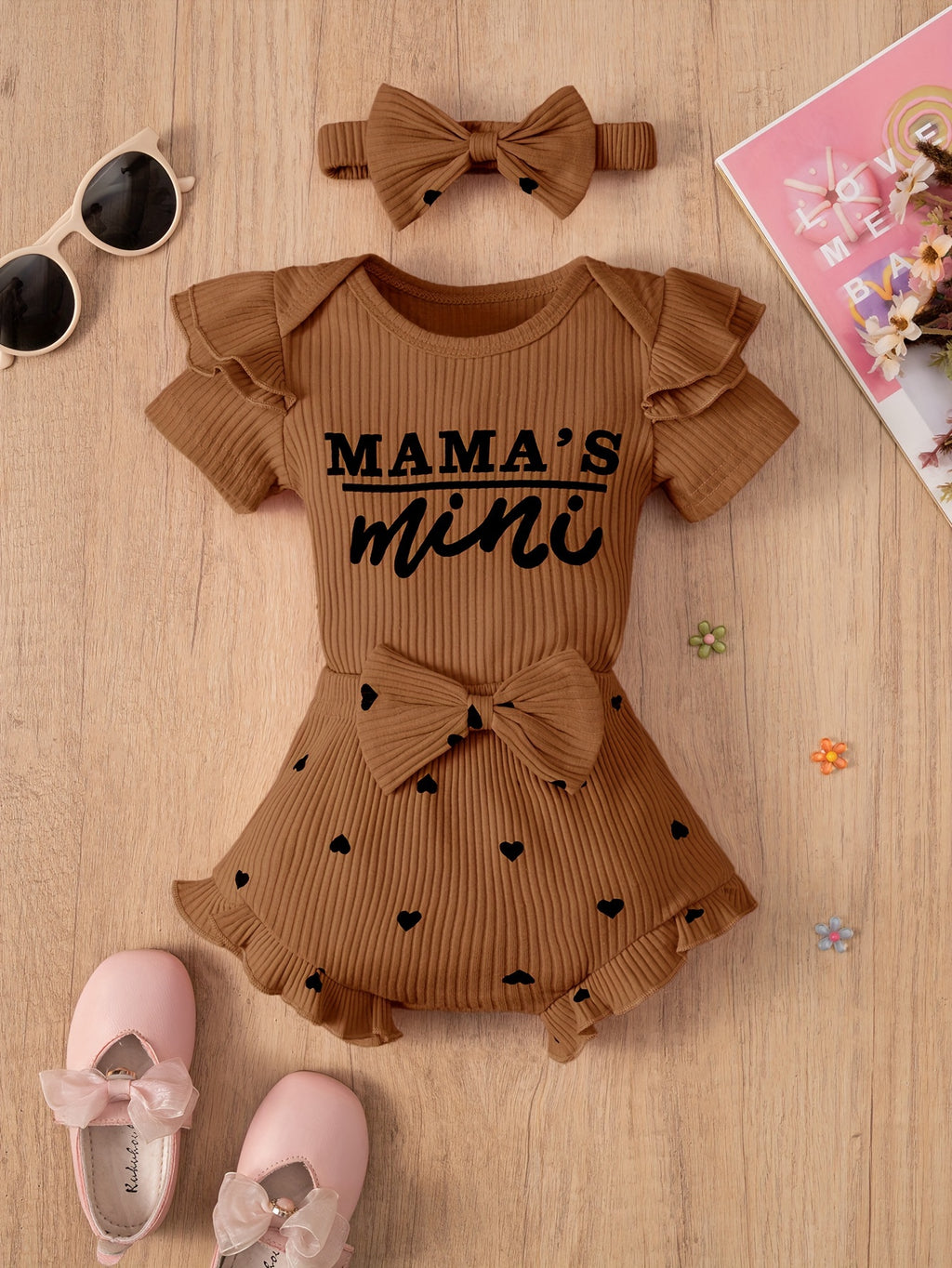 Baby Girls' Summer Romper Set with Bow and Heart Pattern