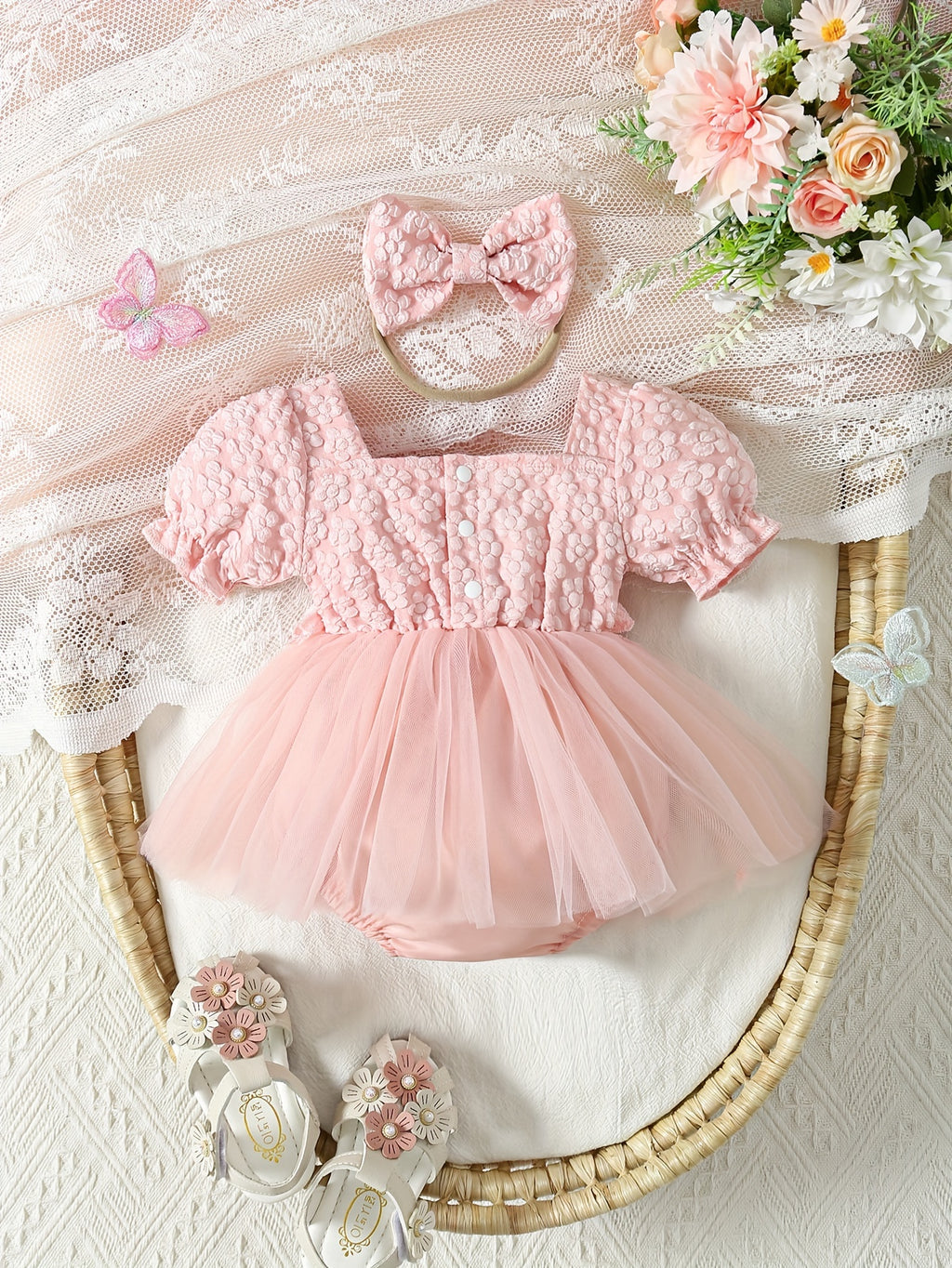Baby Romper Dress Floral Embroidery Puff Sleeve Set