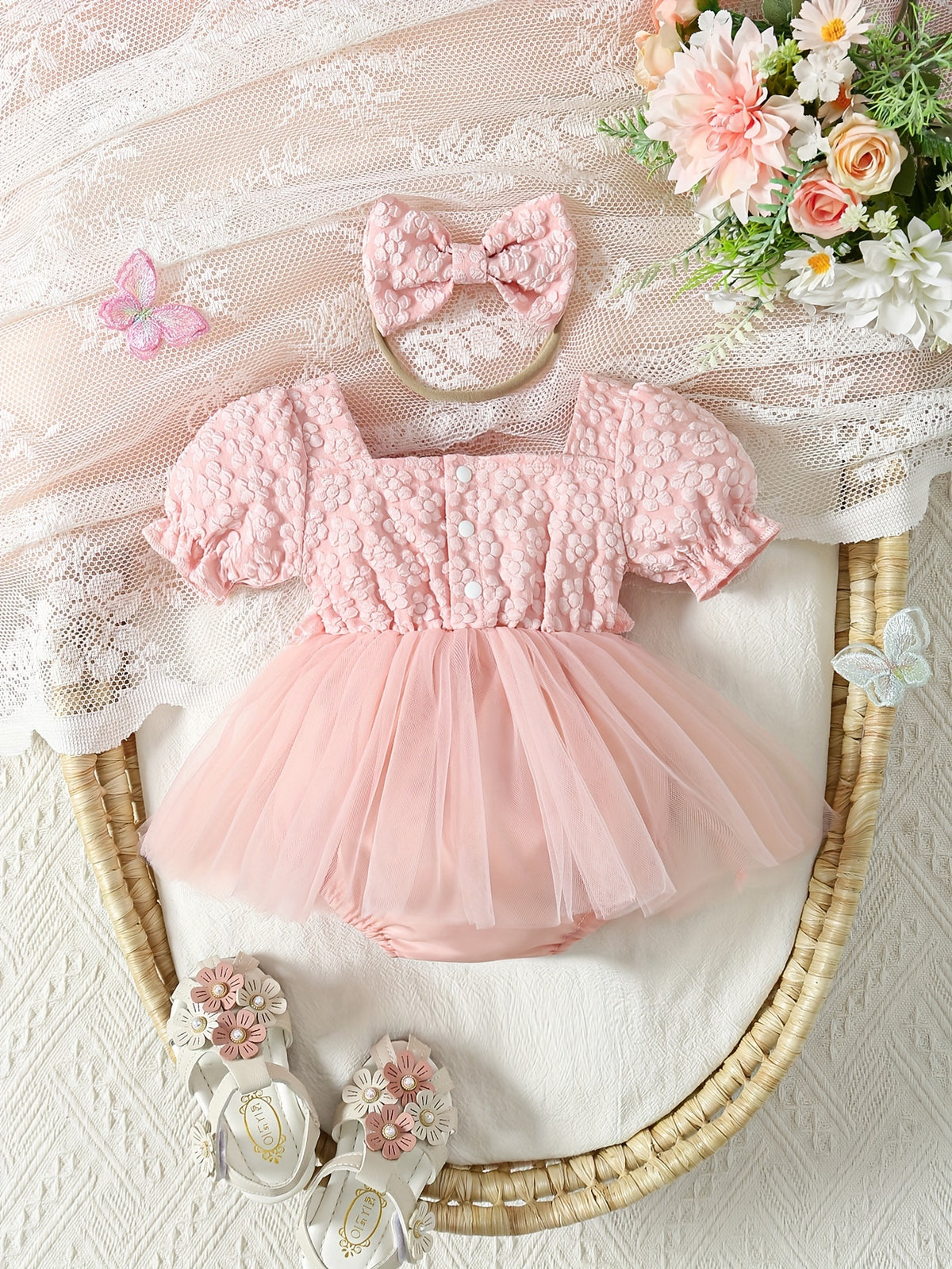 Baby Romper Dress Floral Embroidery Puff Sleeve Set