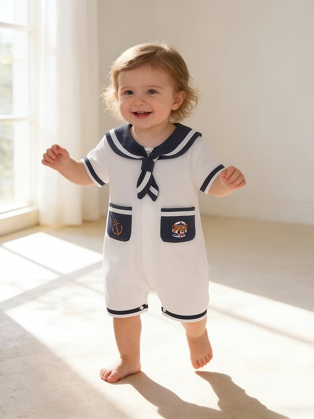 Summer Baby Bodysuit Nautical Style Girls' Short Sleeve Outfit Thin Infant Outing Romper Cute Anchor Bear Embroidery Crawling Suit, for Outdoor