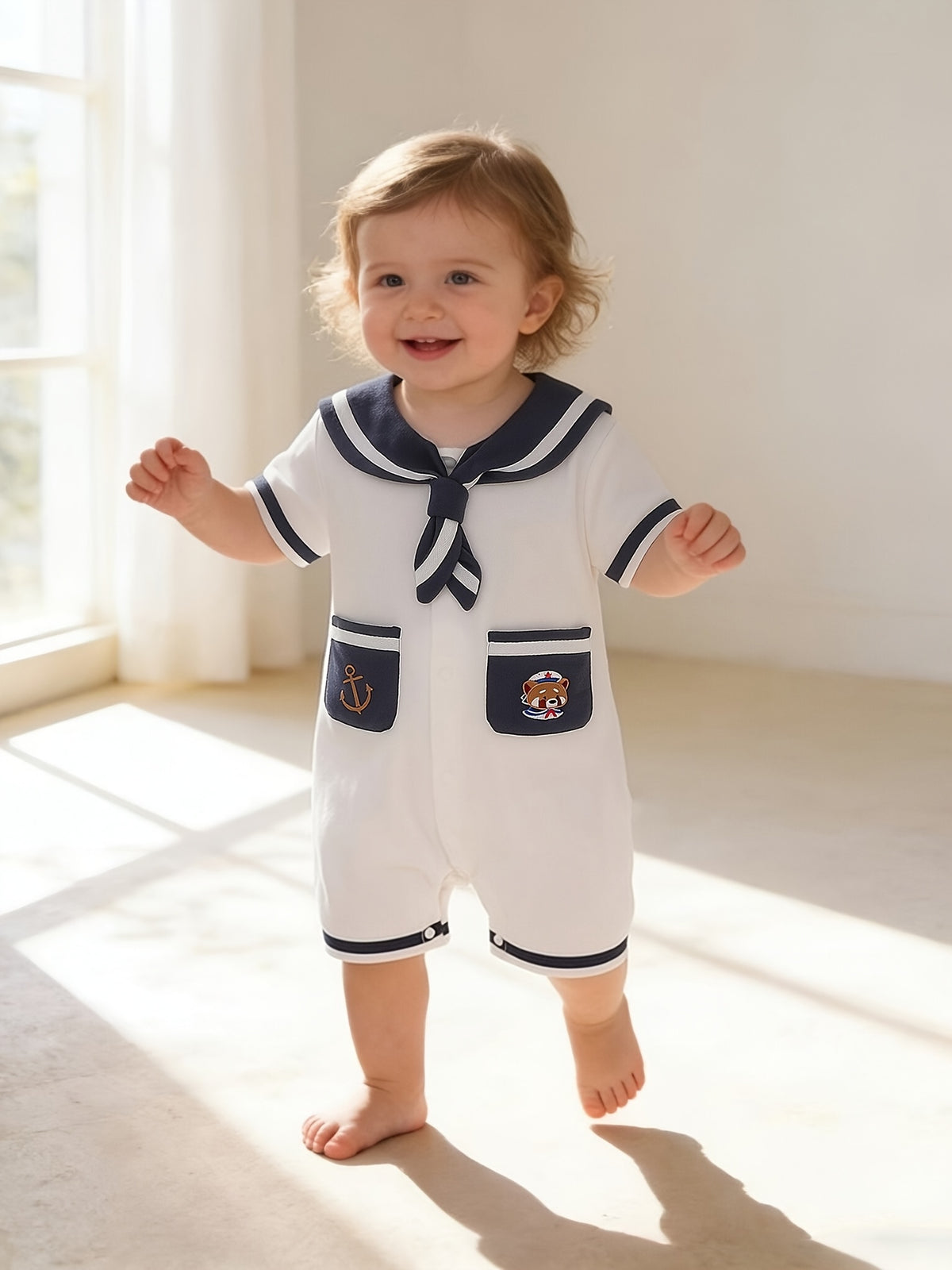 Summer Baby Bodysuit Nautical Style Girls' Short Sleeve Outfit Thin Infant Outing Romper Cute Anchor Bear Embroidery Crawling Suit, for Outdoor
