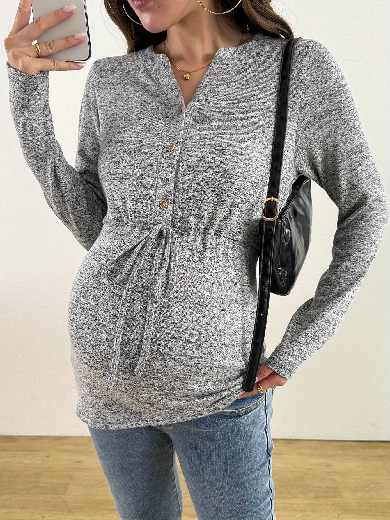 1pc Comfortable Gray Maternity and Nursing Long-sleeve Elegant Top, Elastic Skin-friendly V-neck with Buttons, Breastfeeding-friendly and Machine Washable, Featuring an Adjustable Drawstring Waist Tie,fall and winter clothes