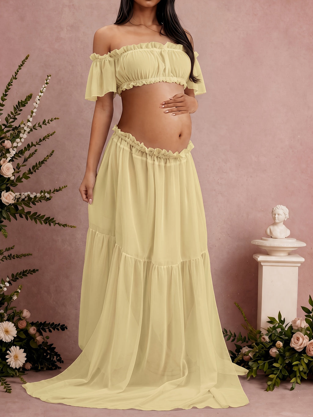 Maternity Chiffon Elastic Off-Shoulder Ruched Two-Piece Outfit, Yellow Ruffled Crop Top And Floor-Length Maxi Skirt, Pregnancy Photoshoot Dress for Shower, Casual Loungewear for Expectant Mothers