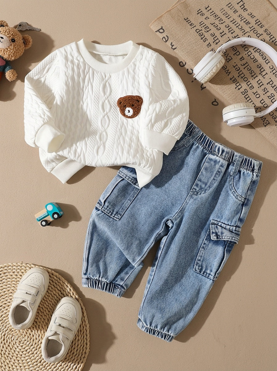 2-Piece Cute Set: Bear Patch Texture Crew Neck Sweatshirt, Workwear Style Denim Jeans, Multi-Pocket Jogger Pants Set