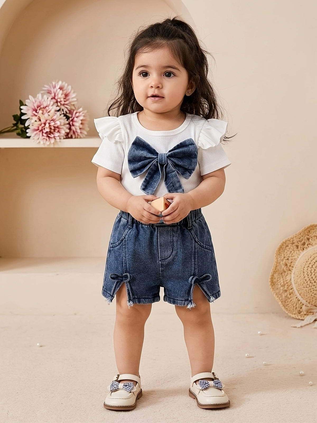 Baby Girl Summer Outfit with 3D Bow and Denim Shorts