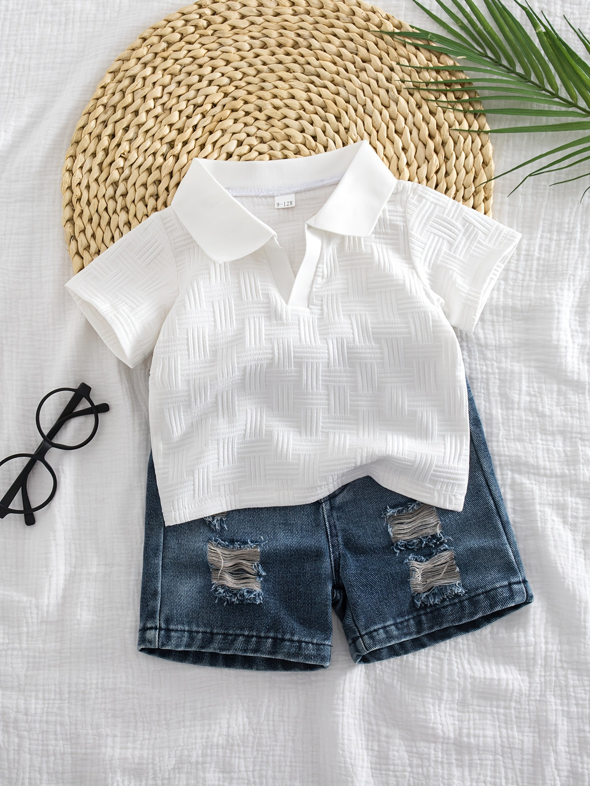 2pcs Set: Children's Summer Jacquard Shirt + Ripped Denim Shorts. Features a Textured, Three-dimensional Jacquard Weave with a Classic Small Lapel and V-shaped Small Placket Design. Stylish and Lightweight, an Ideal Gift for Children