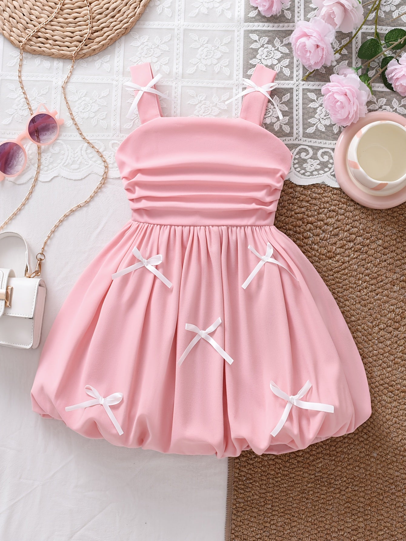 Sweet and Adorable Fairy-style Summer Dress for Little Girls, Featuring a 3D Bow-decorated Spaghetti Strap Bodycon Gathered Bud Skirt in Pink. Suitable for Girls' Birthday Parties, Gatherings, and Daily Outings