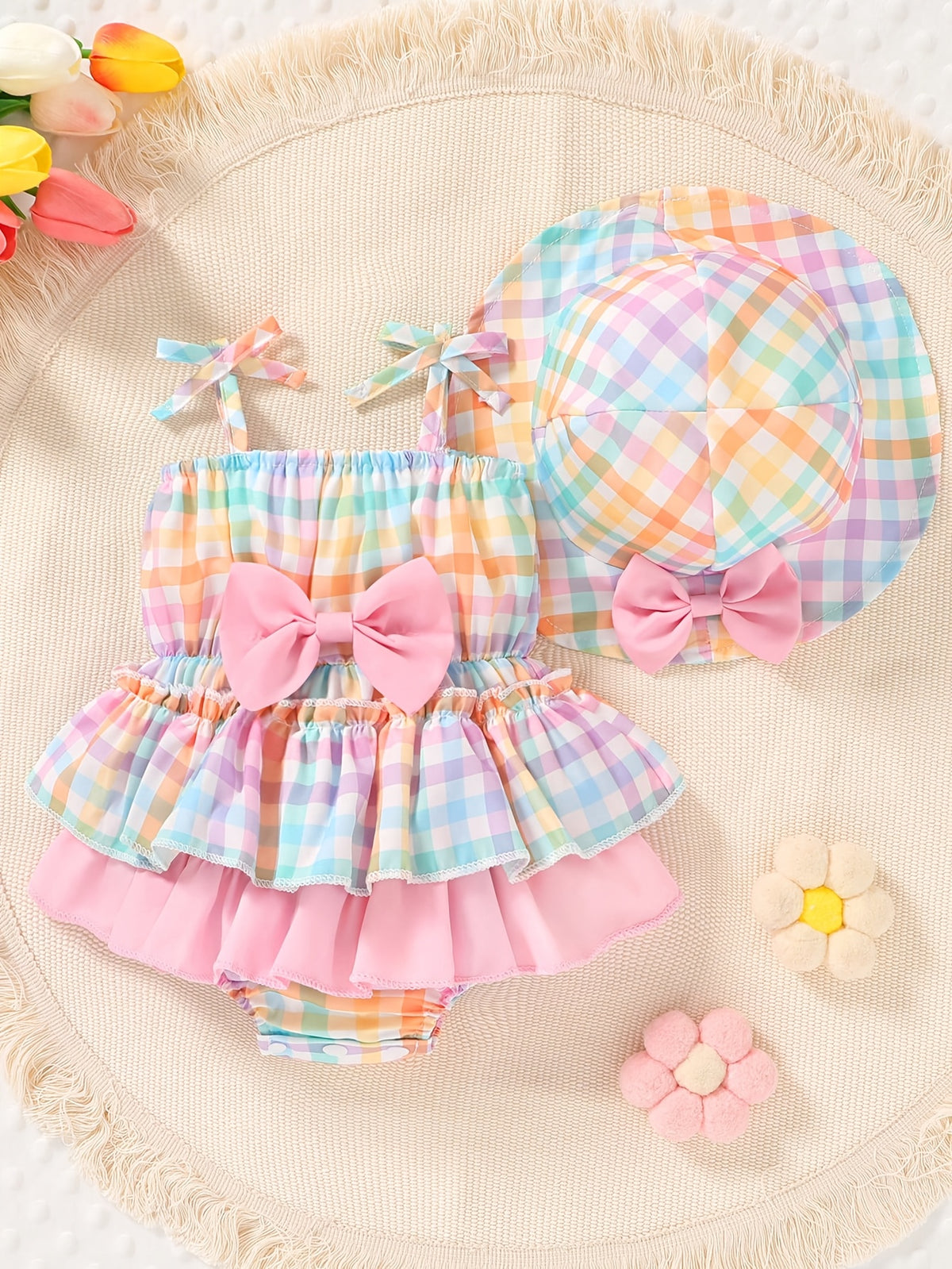 Baby Girl Plaid Suspender Dress Set With Bow Details