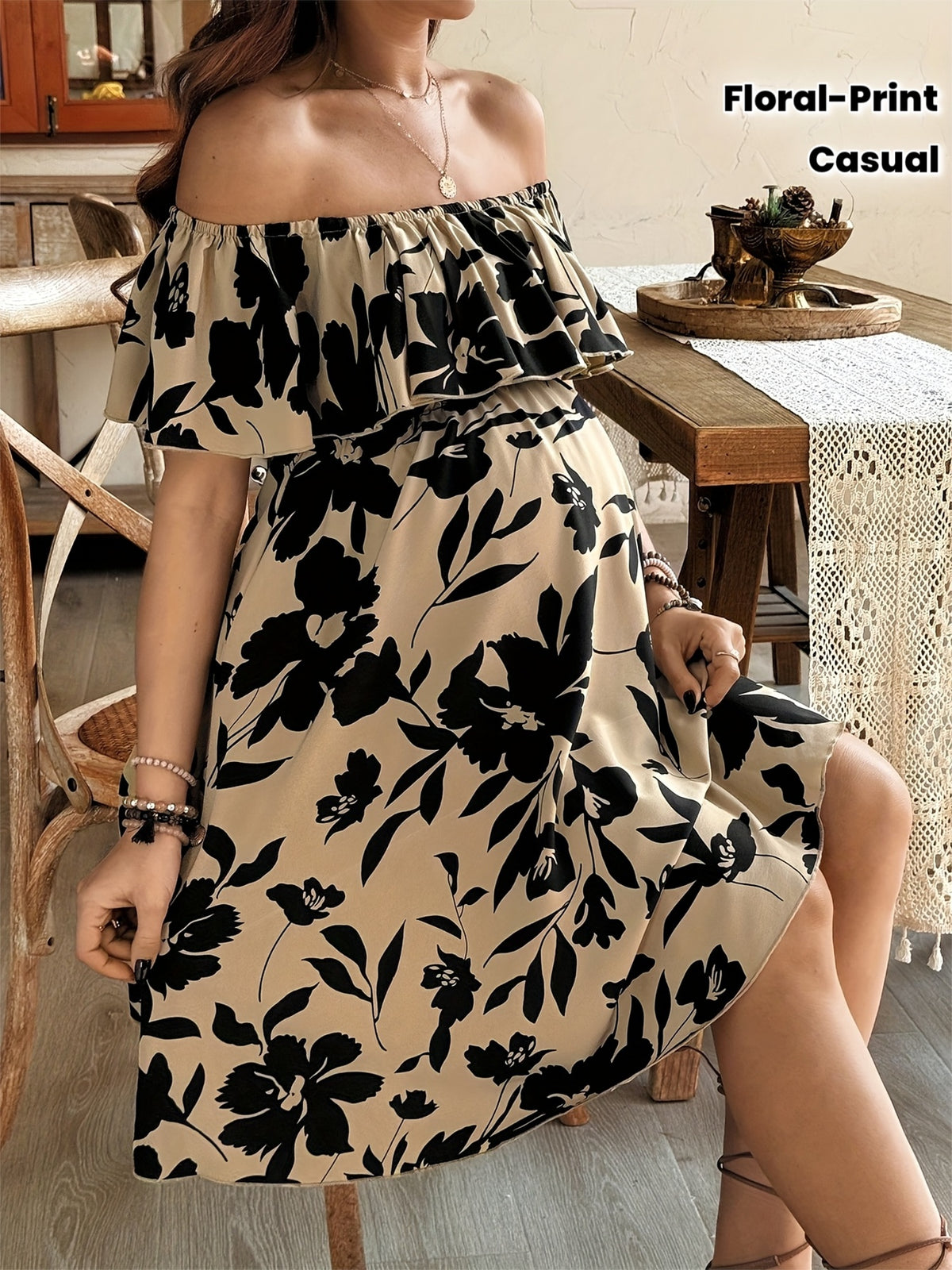 Women'S Floral Print Off-Shoulder Dress