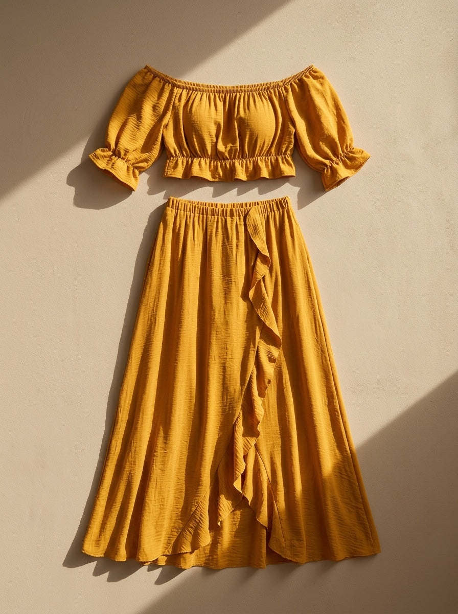 Turmeric Yellow Off Shoulder Puff Short Crop Top with Cutout Waist + Ruffle Slit Floor Length Maternity Maxi Skirt 2pcs Set, Soft Matching Outfit for Indoor Maternity Shoot, Outdoor Lawn Travel Photography & Birthday Party