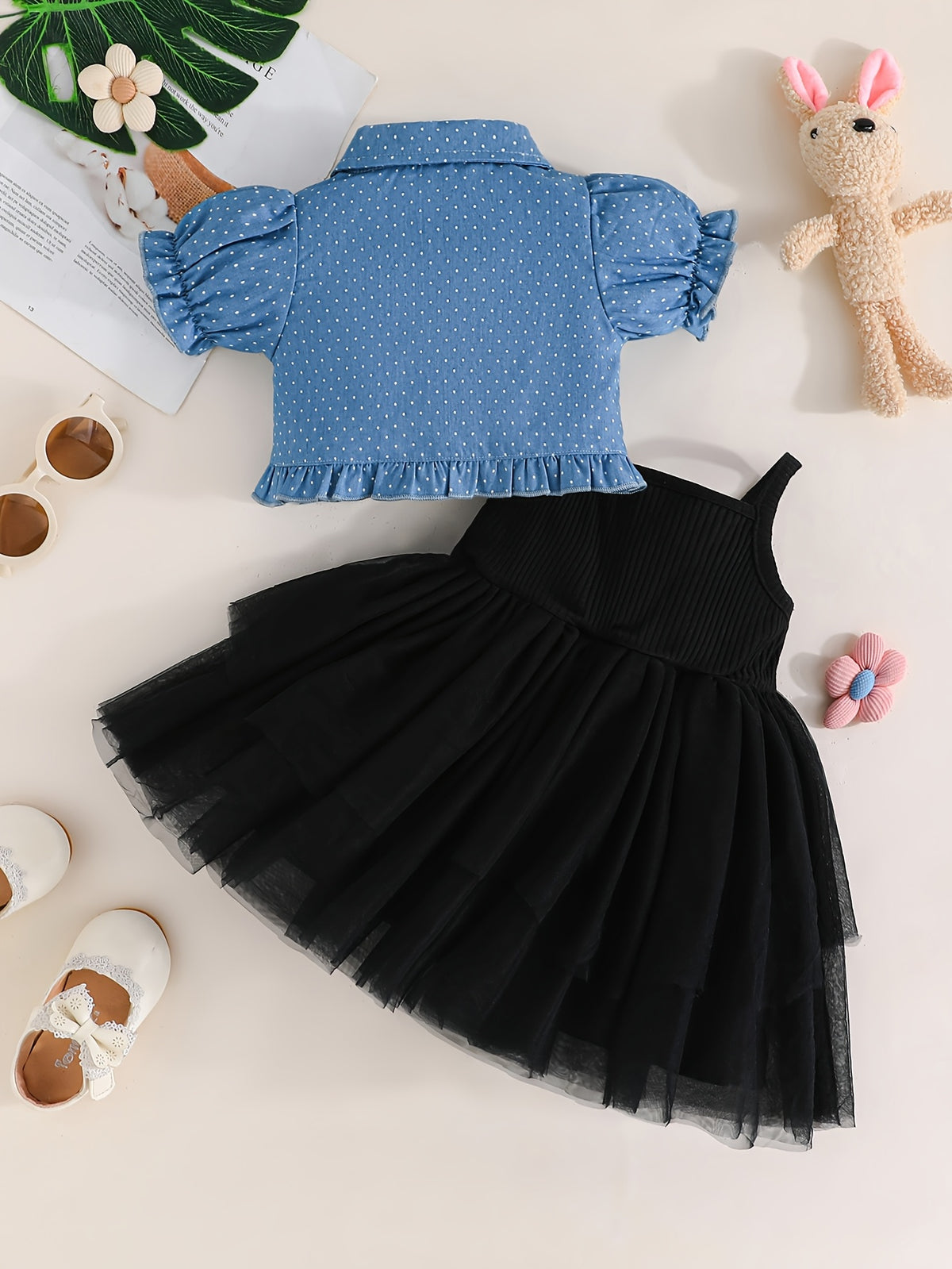 Girls' Camisole Dress Set with Bow and Butterfly Print