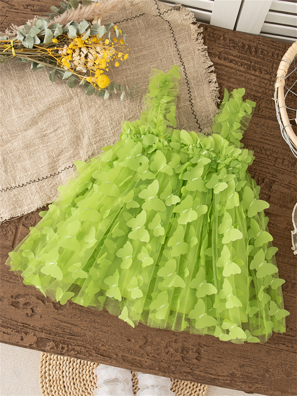 Summer New Arrival Girls' Spaghetti Suspender Dress, Mesh Breathable Sweet Butterfly Fashion Sheer Gown for Little Girls, Birthday Party Dinner Dress