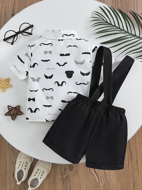 0-3 Years Boys' Spring/Summer All-Over Print Casual Shirt + Suspender Shorts Set, Bow Tie Decoration, Gentleman 2pcs Outfit, Suitable for Daily Wear, Outdoors, Parties, Outings, Wedding Season, Back-to-School Season, Birthday Gift, Cute Outfit