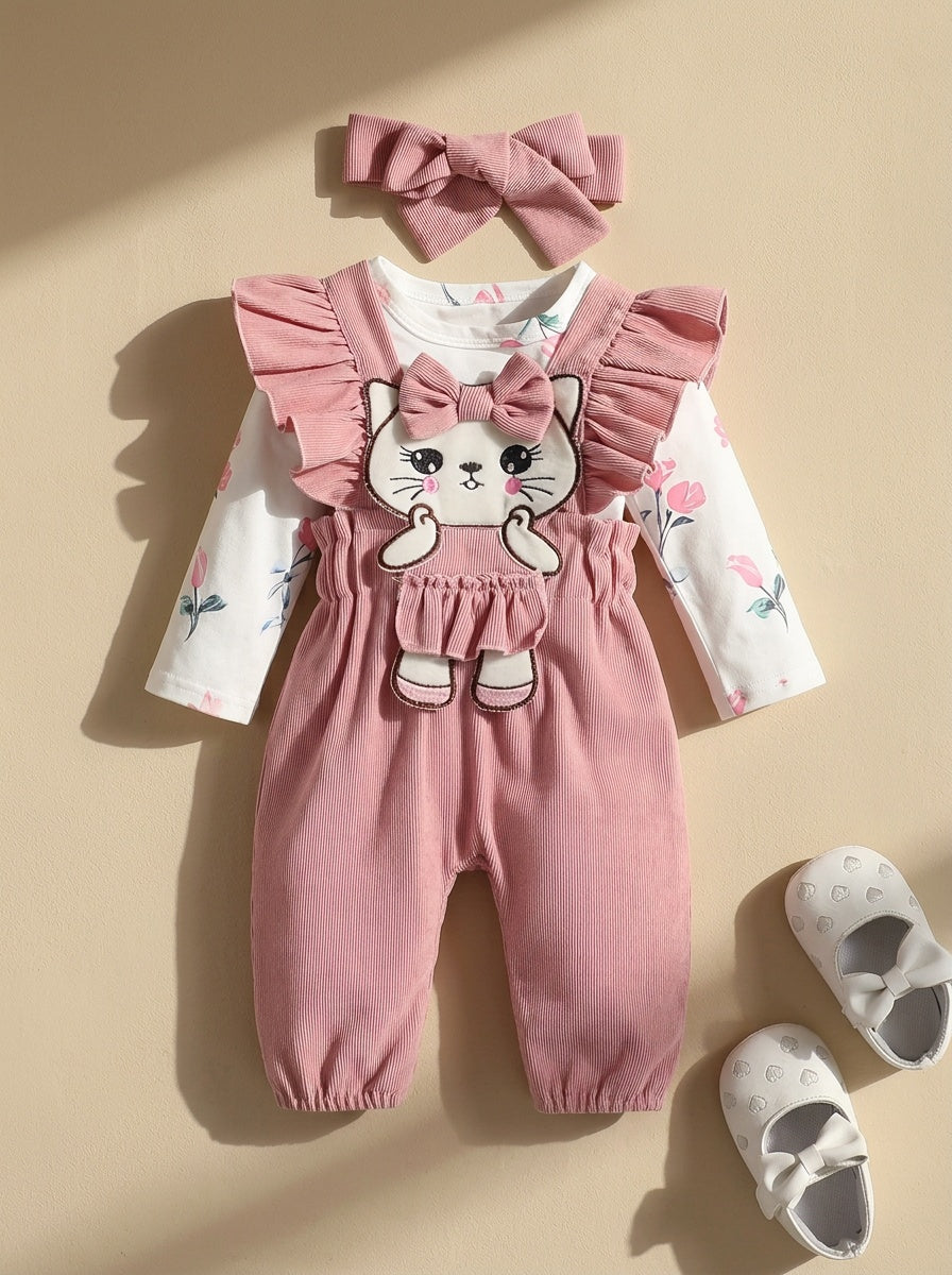 3pcs Infant Set, Floral Print Bodysuit