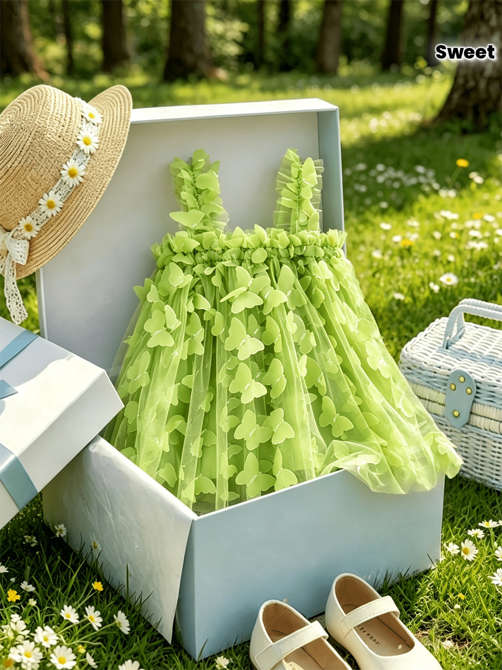 Summer New Arrival Girls' Spaghetti Suspender Dress, Mesh Breathable Sweet Butterfly Fashion Sheer Gown for Little Girls, Birthday Party Dinner Dress