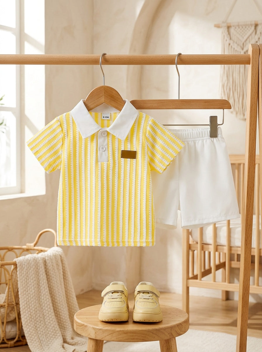Boys' Summer New Arrival Set: Fresh, Simple, and Stylish. Features a Textured Yellow and White Striped Polo Shirt with Short Sleeves Paired with Solid-color, Lightweight, Breathable Casual Shorts (2pcs Set). The Top Is Adorned with a Small Logo