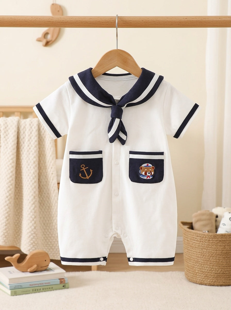Summer Baby Bodysuit Nautical Style Girls' Short Sleeve Outfit Thin Infant Outing Romper Cute Anchor Bear Embroidery Crawling Suit, for Outdoor